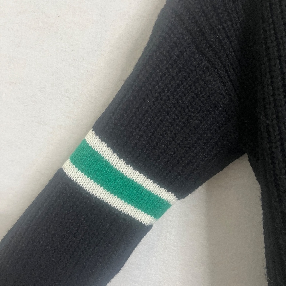 Open Front Knit Cardigan - Navy with Green & Cream Stripe Detail - Picture 4 of 7